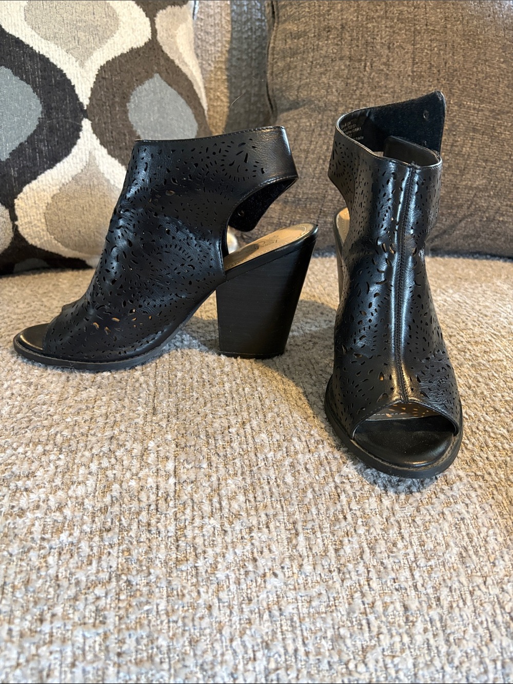 Women's Black Laser-Cut Peep-Toe Block Heel Booties